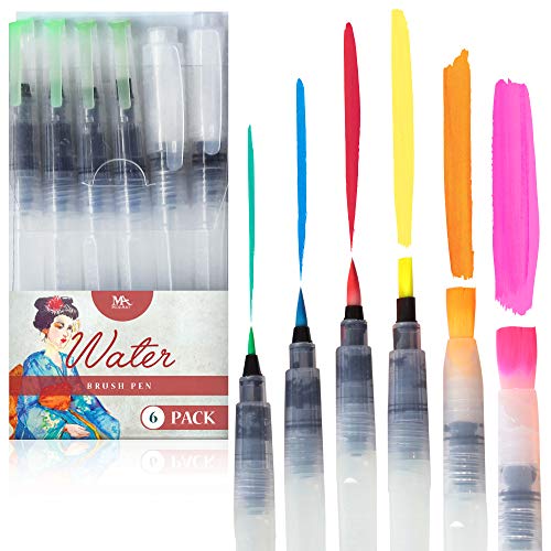 MozArt Supplies Water Brush Pens - Set of 6 Brush Tips Aqua pens - Great for Watercolor Paints, Water Soluble Pencils, Brush Pen, Markers - Refillable Brush Pens - Aqua Pen, Art Brushes