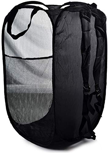 Backpack Mesh Popup Laundry Hamper - Portable, Durable Handles, Collapsible for Storage and Easy to Open. Folding Pop-Up Clothes Hampers are Great for The Kids Room, College Dorm or Travel. (Black)
