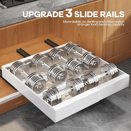 2 Pack Expandable Pull Out Cabinet Organizer 16.5"Deep with Raising Pad for Framed Cabinets,Upgrade 3 Slide Rails Slide Out Drawers,Roll Out Shelves Adhesive,Adjustable Width 12.2"-20.4"White