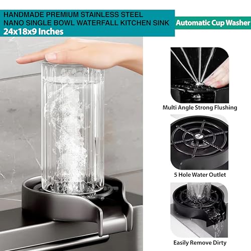 Image of LUXART Waterfall Anti-Scratch Multifunctional Kitchen Sink - 24x18x9 Inch Honeycomb Design Multifunction Sink With Pull Down Faucet, Cup washer & Drain Baskets | Stainless Steel Modern Kitchen Sink