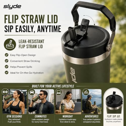 Image of Slyde 900ml Stainless Steel Insulated Tumbler with Handle | Double Wall Vacuum Insulated Travel Mug | Leakproof Flip Lid | Hot & Cold Water Bottle | BPA Free Olive Green