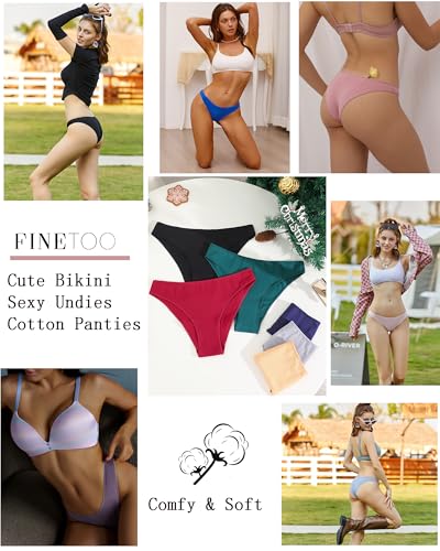 Image of FINETOO 6 Pack Cotton Underwear for Women Cute Low Rise Bikini Panties High Cut Breathable Sexy Hipster Womens Cheeky S-3XL