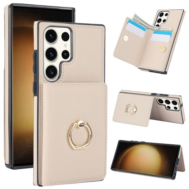 Étui portefeuille Samsung S25 anti-chute en cuir beige blanc pour ranger vos cartes