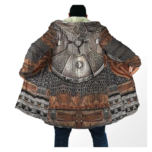 Men's Winter Warm Robe, Viking Warrior Armor Valhalla 3D Full Print, Cashmere Hooded Coat Parka, Horn Buckle Bathrobe3