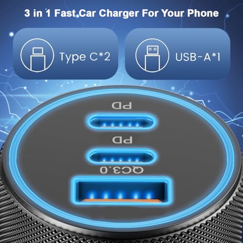 Image of 3 in1 Car Mobile Charger 97W Car Charger Mobile Phone Charging Type C Laptop, Three Port Fast Charging, 37W & 30W Type-C PD, 30W USB, for Android,iPad & Other (Black)