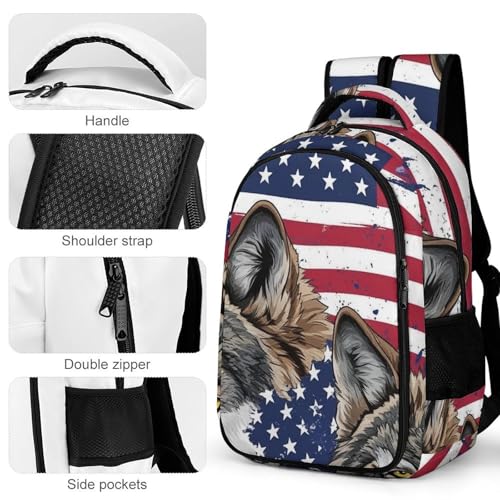 Lightweight Backpack, Women's Elegant Vintage American Flag Wolf Backpack with Pockets and Handle, Reusable Sturdy Travel Shoulder Bag4