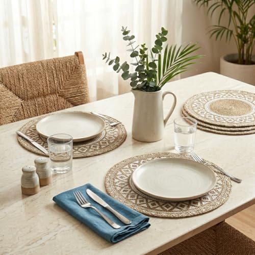 Image of Round Braided Dining Table Mat | Brown Mandala Woven Placemats | Heat Resistant Washable Cotton Blend Table Place Mats for Kitchen & Boho Decor | 15 Inch | Set of 4