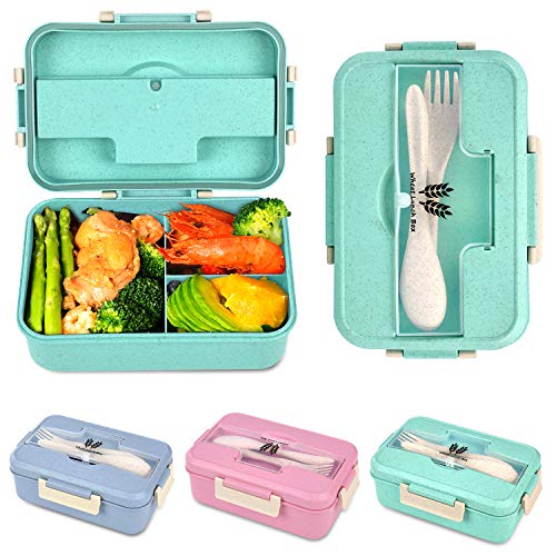 Bento Box For Kids and Adults With 3 CompartmentWheat Fiber Leak Proof Lunch Box Food Containers With Spoon Fork1200ML Green