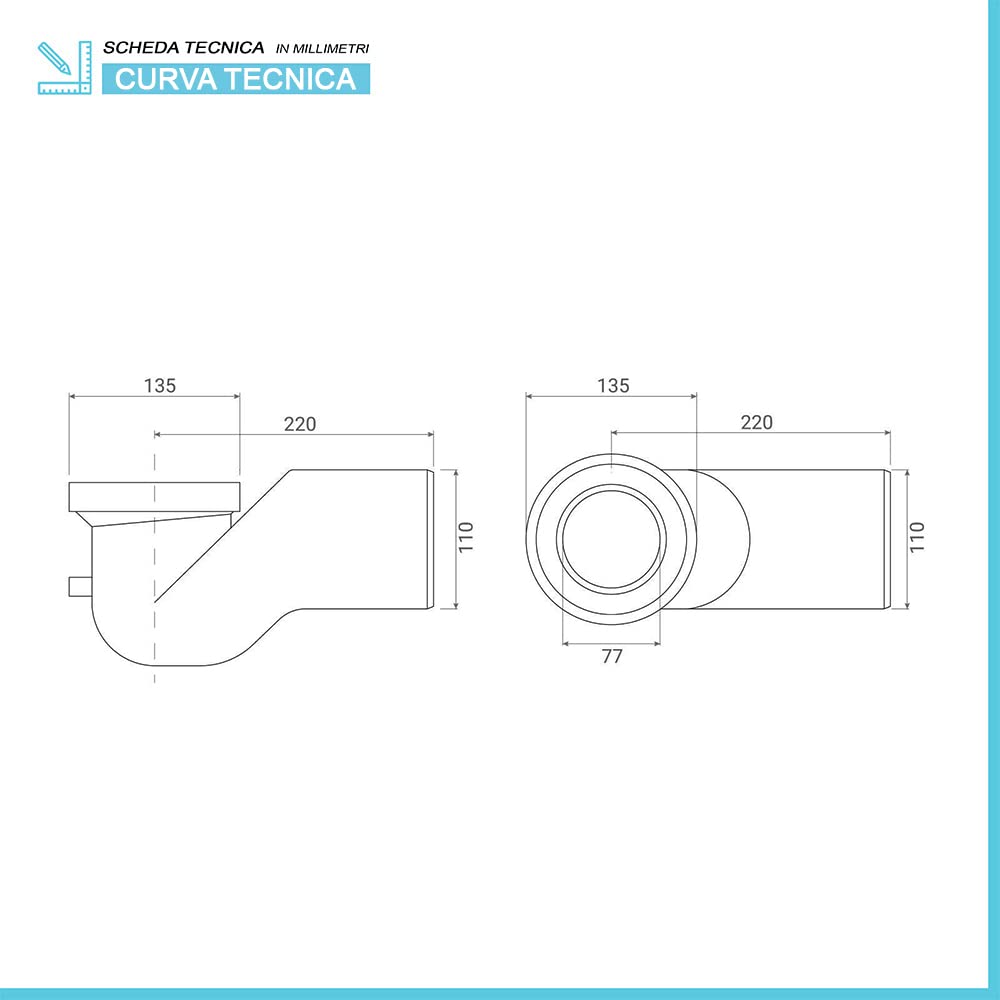 Inbagno Curva Tecnica sottovaso Universale per WC Filo Muro, Diam. 11 cm, Completa di Guarnizione in Gomma