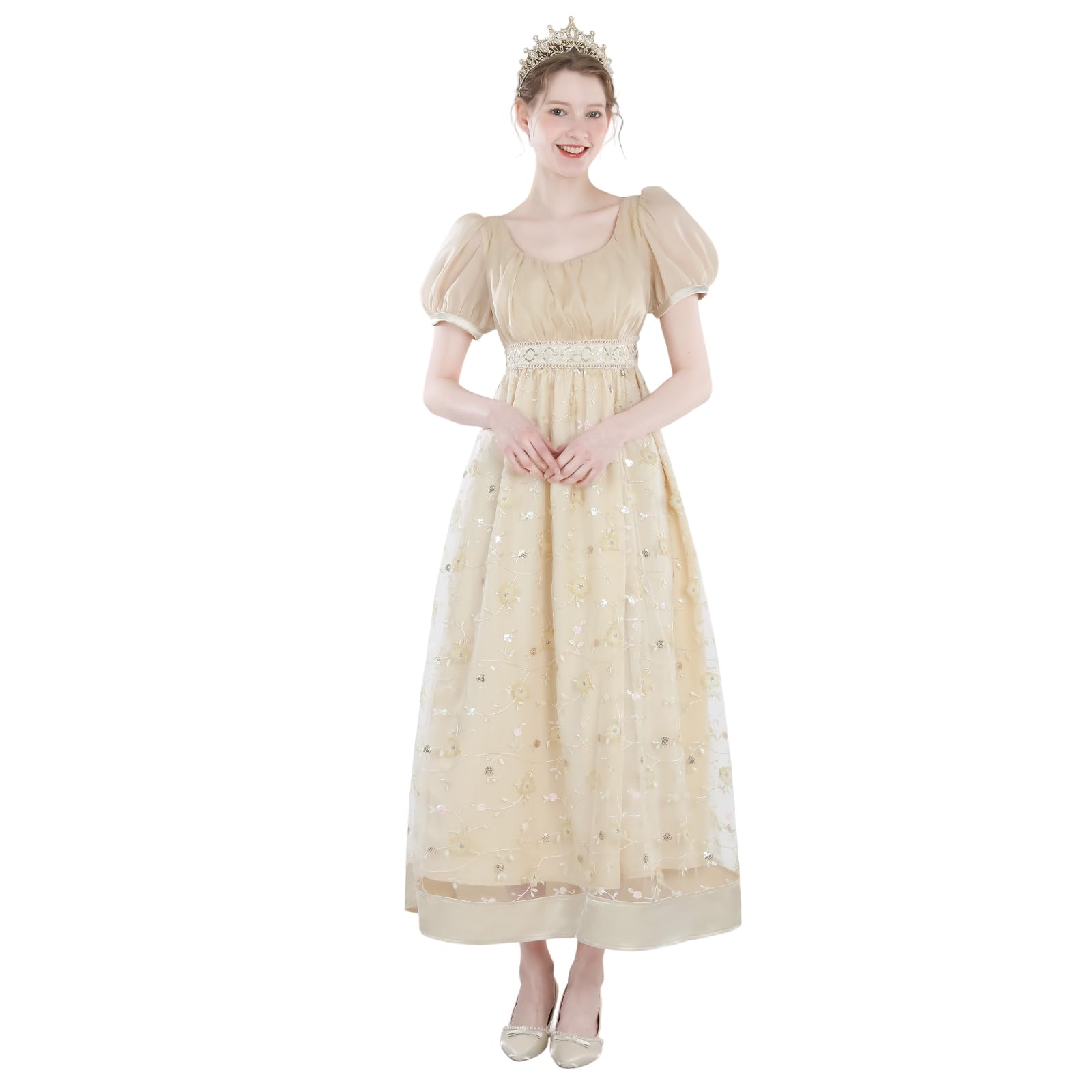 CR ROLECOS Regency Dress for Women Regency Costume Empire Waist Tea Party Victorian Gown Champagne Gold M
