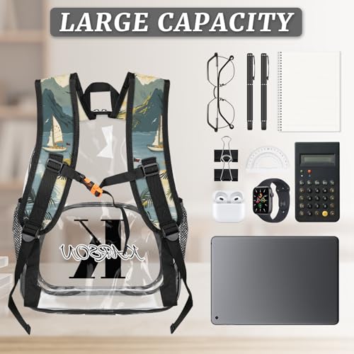 Personalized Large Clear Backpack Stadium Approved Heavy Duty PVC Plastic Custom Ocean Theme Transparent Backpacks See Through Bag with Name, Beach Palm Tree Ship3