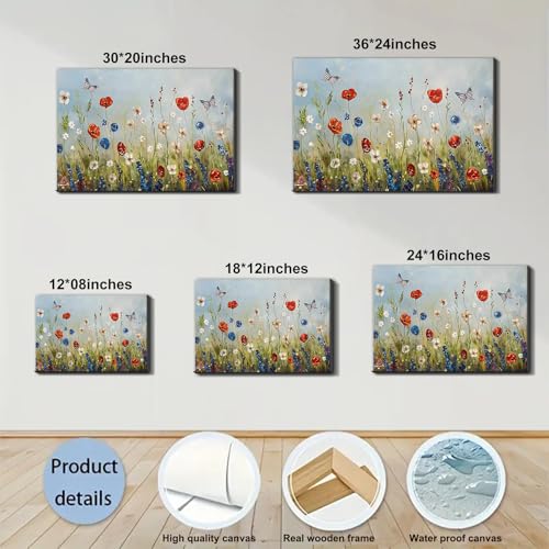 Image of Framed American Flag Butterfly Wildflower Wall Art, Patriotic Floral Canvas Art Pictures, USA Flag Wall Decor, Made in USA Ready to Hang for Living Room Bedroom