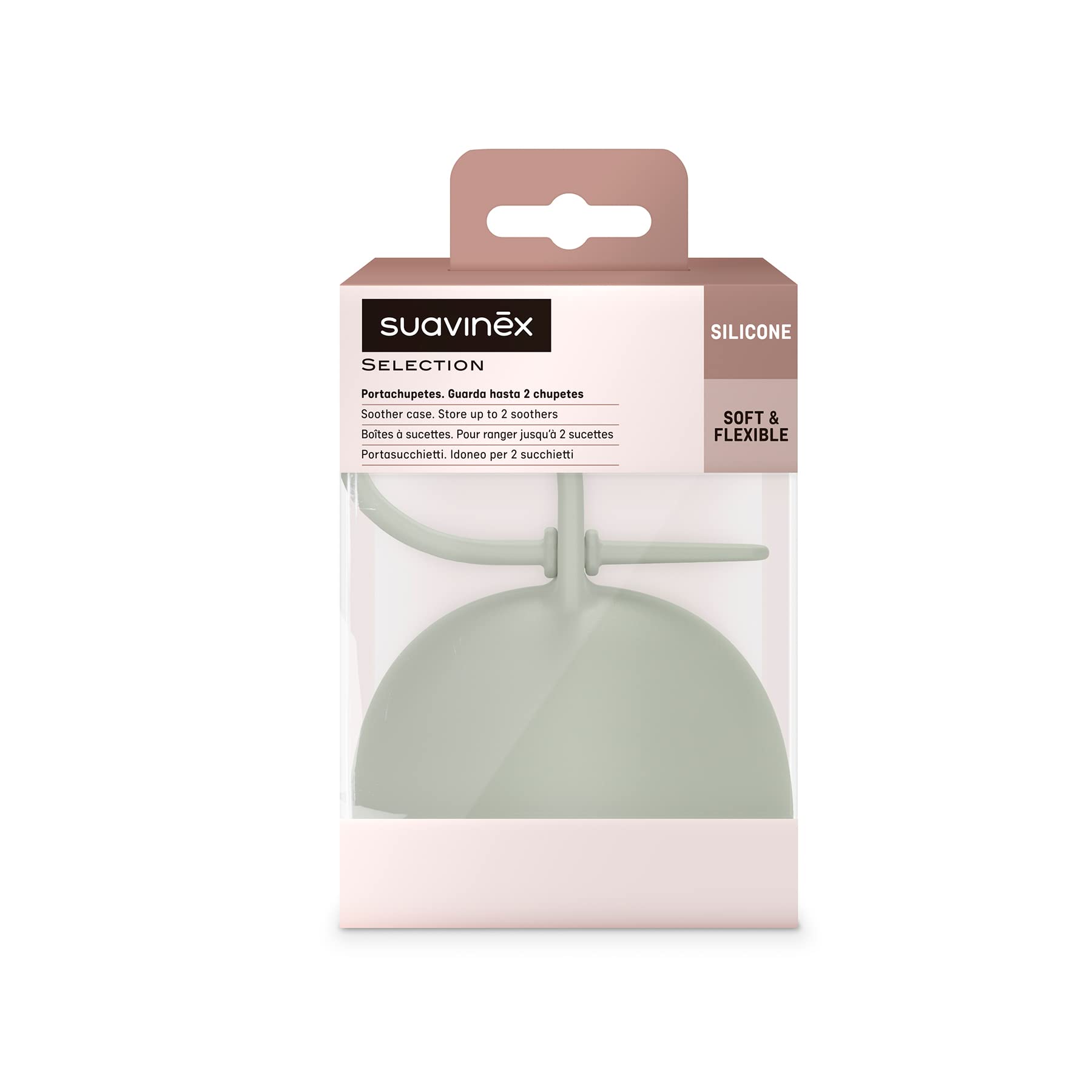 Suavinex Boîte à Sucettes Silicone Soft Flexible 2 Tétines Pochette Anse Flexible Vert