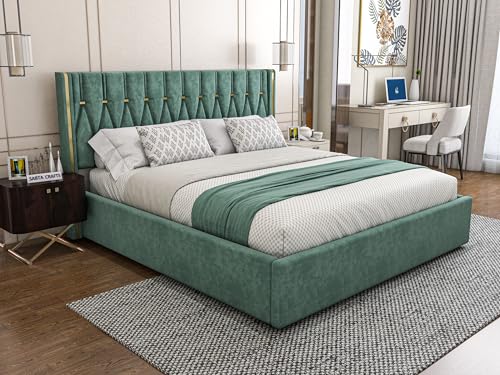 SABTA Modern Upholstered King Size Bed with Box Storage for Bedroom | Wooden Double Bed with Storage | Platform Cot Bed with Upholstery Premium Fabric | Sheesham Solid Wood, (Green) | 6.5 x 6 Ft