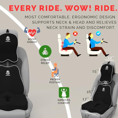 Image of Memory Foam Car Seat Cushion Combo - Backrest, Coccyx Cushion & Neckrest - Orthopedic Support for Back, Tailbone, Sciatica & Neck Pain - Ergonomic Comfort for Car, Office. (Black, Slim Backrest)