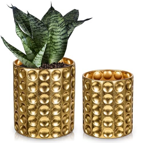 DILATATA 6 Inch+5 Inch Rustic Metal Vase Flower Pot with Dot Texture Vintage Gold Metal Planter Multi-Use Container for Flower Planter Succulent Plant Container-Set of 2