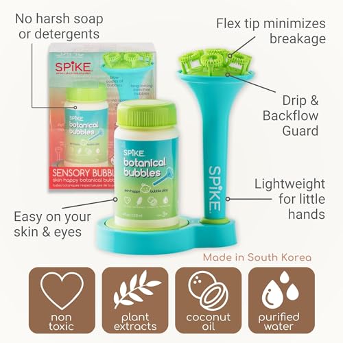 innobaby spike bubble blower with mess free botanical bubbles and dipping tray - magic wand blows oodles of bubbles without the mess - recommended for speech visual amp motor development - color aqua