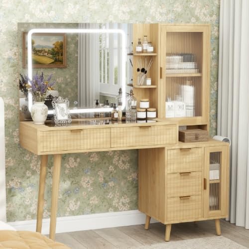 Wood Vanity Desk with Mirror Lights & Storage