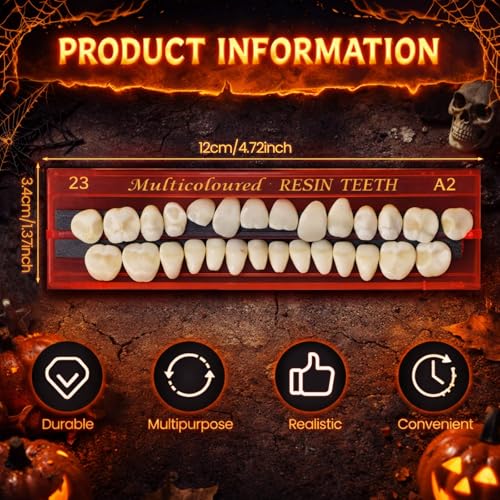 Image of Nuanchu 56 Pcs False Teeth Acrylic Resin, 2 Set A2 Shade Denture Teeth Replacement Kit Solid Synthetic Polymer Fake Tooth for Halloween Horror Props DIY Costume Dental Teaching Model