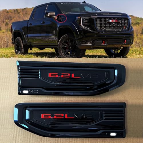 Image of 2pack OEM 2019-2026 6.2L V8 Vent Emblem Right Left 3D Nameplate Badge Replacement for Sierra 1500 86532094 85160723 (Gloss Black Red)