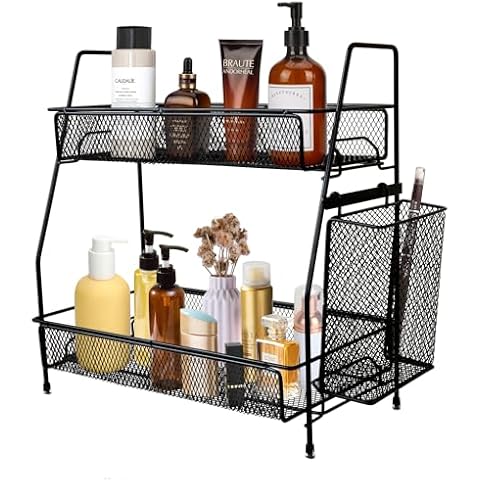 ManGotree Bathroom Countertop Organizer, 2-Tier Spice Rack Organizer, Vanity Organizer with Toiletries Basket, Kitchen Counter Organizer for Bathroom, Kitchen, Bedroom, Offices (Black) Cover