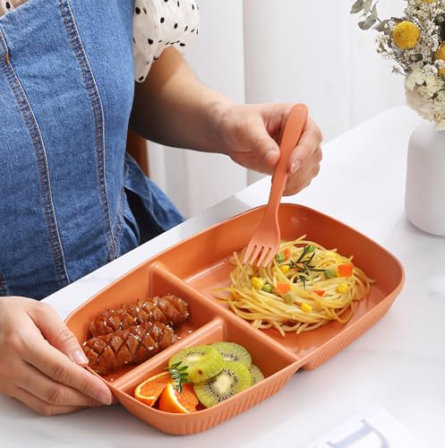 Image of Unbreakable Wheat Straw Plates with 3 Compartments Reusable Dish for Kids, Toddlers Sushi, Snacks, Cake, Meat & Appetizers Dishwasher Microwave Safe Dinnerware (Orange, Pack of 6)