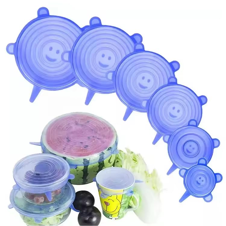 Dehnbare Silikondeckel, 6 Stück Silikon Stretch Deckel Stretch Lid Silikon Abdeckung in Verschiedenen Größen, Wiederverwendbar & Erweiterbar - für Schüsseln, Becher, Dosen, Obst (blau)