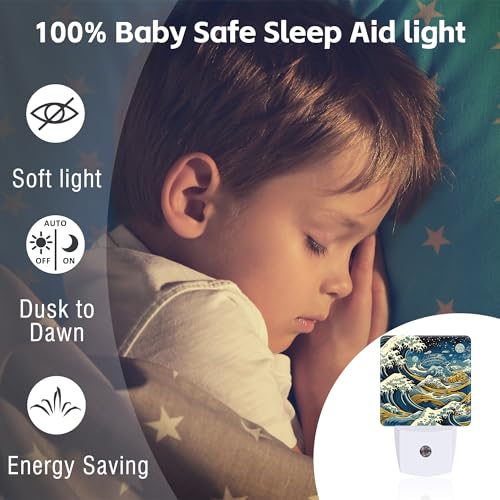 Image of Blue Ocean Waves Night Light for Kids, Rough Sea Waves Night Light Plug in with Dusk to Dawn Sensor, 0.5w Energy Saving Sleep Friendly Nightlight for Hallway Stairway Kitchen Bedroom
