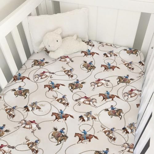 Vintage Cowboy Life Baby Crib Sheets for Boy Girl Country Western Cowboys Horse Soft Snug Fitted Crib Mattress Covers Fit 52''x28'' Standard Crib &...