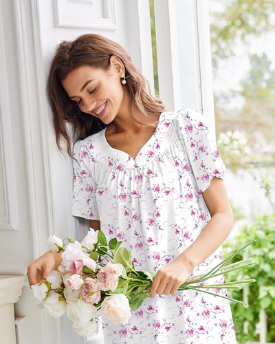 Image of Ekouaer Moo Moos for Women House Dress With Pockets Cotton Nightgowns Short Sleeve Night gowns Embroidered Mumu Dress