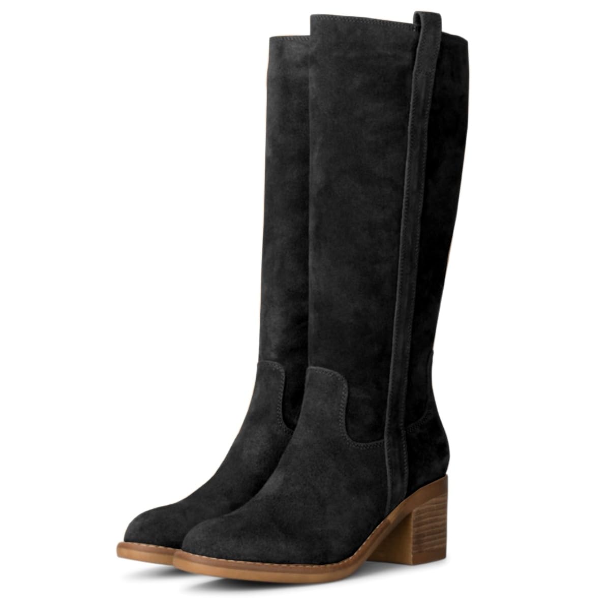 Women Chunky Stacked Heel Western Knee High Boots Suede Round Toe Pull On Cowboy Boots Mid Block Heels