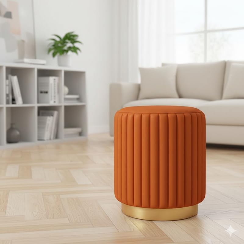 Image of Designer Velvet Round Footstool Ottoman with Sturdy Gold Metal Band Base for Home Decor & Extra Seating, Lightweight Pouf Stool for Sofa Side & Bedroom, 16x16x17 Inch (Orange)