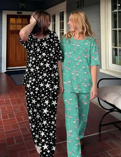 Image of Ekouaer 2 Pack Womens Pajamas Sets Short Sleeve Long Pants Pjs Lounge Set
