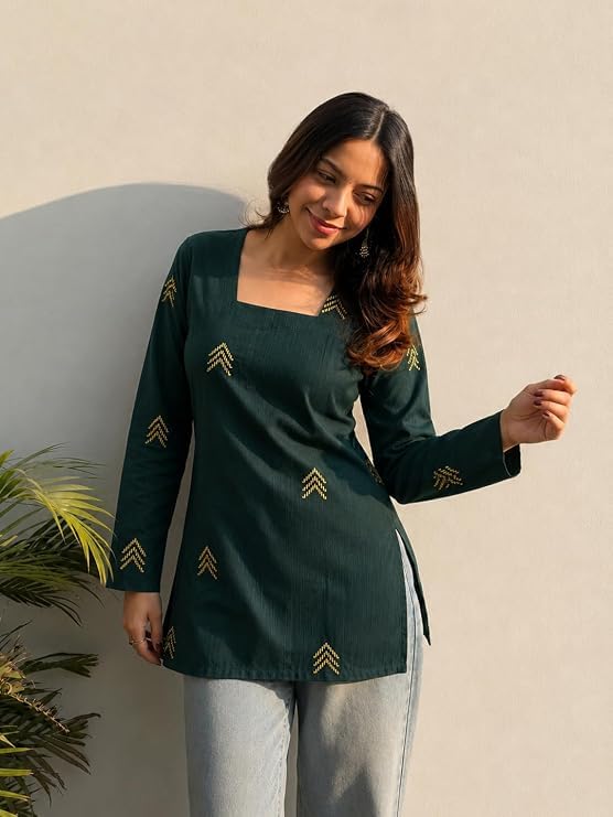 Image of ANNI Designer Viscose Printed Regular Short Kurti for Women | Viscose Green | Full Sleeve | Square Neck | Ethnic Wear Casual Wear