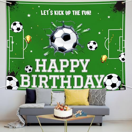 Image of Party Propz Football Theme Birthday Decoration Backdrop (5x4 ft) 2 Pcs- Soccer Theme Happy Birthday Backdrop Banner Cloth with Ribbon, HBD Decoration for Boys