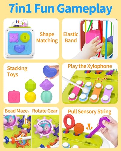 Image of Montessori 7-in-1 Developmental Learning Activity Cube for 1 Year Old Girls Boys, Baby Sorter Toy, Birthday Gifts, 6-12-18 Months