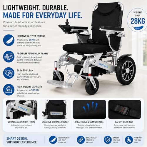 Image of EverActiv EcoFly Portable Foldable Electric Wheelchair | Lightweight 28kg Motorized Chair with Joystick | Lithium Ion Battery | Ideal for Elderly, Disabled & Patients | 100kg Load Capacity