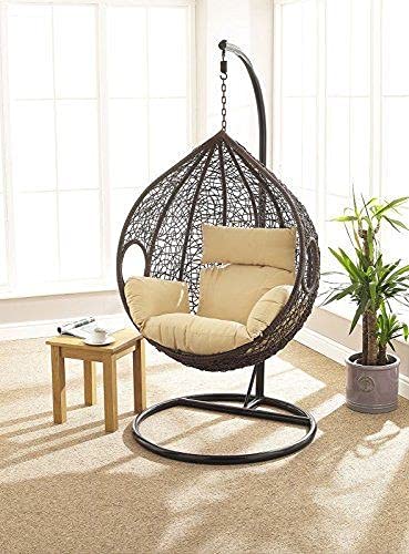Image of Hindoro Rattan Wicker Wrought Iron Single Seater Swing Chair with Stand & Cushion & Hook Outdoor || Indoor || Balcony || Garden || Patio || Living Outdoor Furniture (Dark Brown with Beige, Egg Shape)