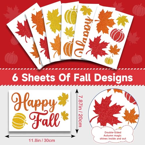 Image of 6 Sheets Fall Window Clings Decor, Glitter Maple Leaf Pumpkin Window Decals | Thanksgiving Window Stickers with Sparkling Powder, Happy Fall Decorations for Home Office School Classroom Indoor Party