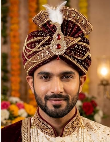 Image of BookMyCostume Dulha & Royal Wedding Turban Collection - Premium Silk, Velvet, Zari Work Safa with Kalgi & Brooch - Traditional Indian Dulha Pagdi /Sehra Perfect for Weddings & Role Plays for Men & Kids