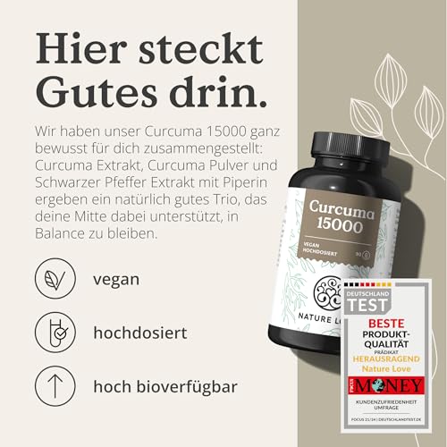 NATURE LOVE® Curcuma 15000 - Kurkuma Kapseln - 9 Monate Reichweite - hochdosiert 95% Curcumin pro Kapsel - mit schwarzem Pfeffer - vegan, laborgeprüft & in Deutschland produziert