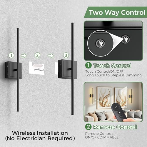 Image of DORESshop Battery Operated Wall Sconces Set of 2, Dimmable Battery Wall Sconce with Remote Control, Black 350Rotate Rechargeable Sconces, 23.7 Inch Wireless Wall Lights for Bedroom, Living Room