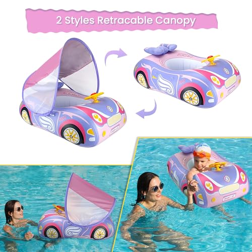 Baby Pool Float With Canopy - 3D Car Thick PVC Inflatable Swim Float Seat Boat With Sun Shade Cover and Steering Wheel - Floatie for Infant Toddler Kids Age 1-4 Years Old Girls Boys