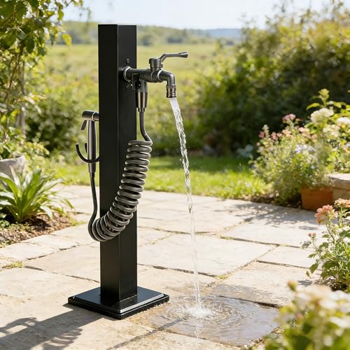 T-ZBDZ Wassersäule Garten mit Wasserhahn und Spritzpistole, Wasserzapfsäule Wasserzapfstelle Edelstahl, Schwarz Wassersäule Standbrunnen für Bewässerung Waschen, UV- & Frostsicher (95CM)