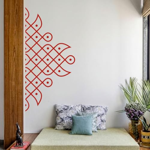 Decal O Decal Traditional Kolam Wall Sticker|Red Geometric Rangoli Pattern for Living Room & Entrance Décor Self Adhesive Wall Sticker