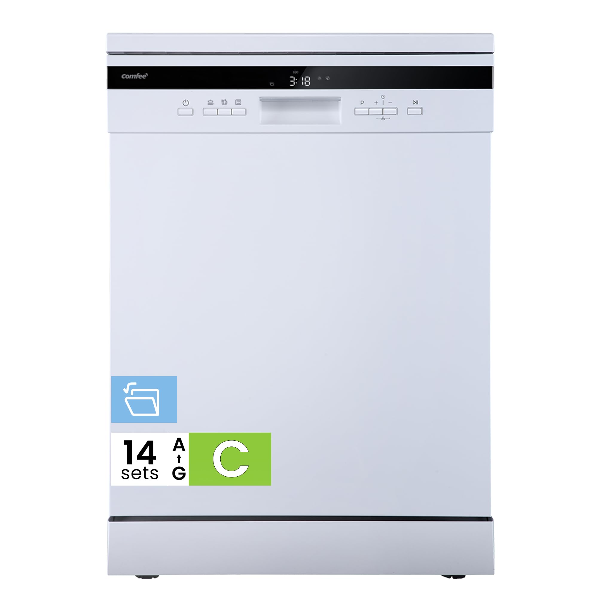 COMFEE' Freestanding Dishwasher with 14 Place Settings, 44dB Quiet Full Size Dishwashers, CDWEF1435EBC-UK, ECO Wash, Auto Open Drying, Half Load, Delay Start, Wide LED Display, Black — view 13