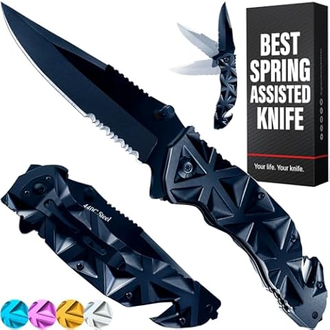 GOOD WORKER Pocket Knife - Serrated Sharp 3.5" Blade - Spring Assisted Tactical Knife with Wire Cutter Glass Breaker - Cool Black Folding Knives for Camping EDC - Gifts for Men HB 207 Cover