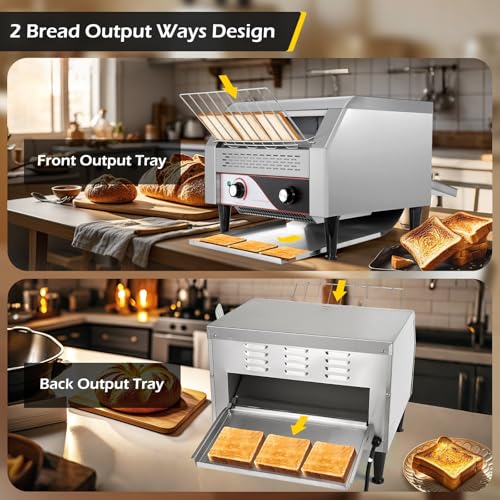 Image of Dyna-Living Commercial Conveyor Toaster 450 Slices /Hour Restaurant Conveyor Toaster for Bun Bagel Bread, 1900W Heavy Duty Stainless Steel Commercial Toasters Bun Toasters