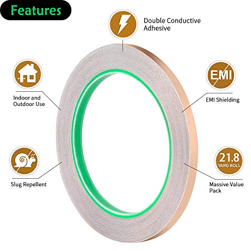 Koperfolie Tape met geleidende lijm, 2 Pack 1/4 Inch Koperen Slak Tape Dual Geleidende Tape, Koperen Strip voor Gebrandschilderd Glas, EMI Afscherming, Slug Repellent, Solderen, Ambachten, Elektrische Reparaties - Afbeelding 4