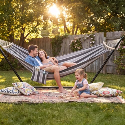 Image of GAFETE Double Hammock with Stand for Outside, Upgraded Spreader Bar, Heavy Duty Space Saving Steel Stand 2 Person, Side Pockets, Easy Assembly, 600lbs Weight Capacity, Indoor & Outdoor (Misty Falls)